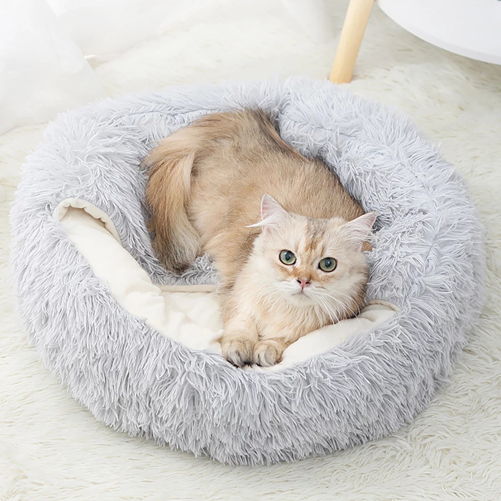 Cozy Cave Calming Pet Bed – Round Donut Hooded Dog & Cat Bed with Removable Cover, Machine Washable Plush Anti-Anxiety Bed for Small Pets (Up to 11 lbs)