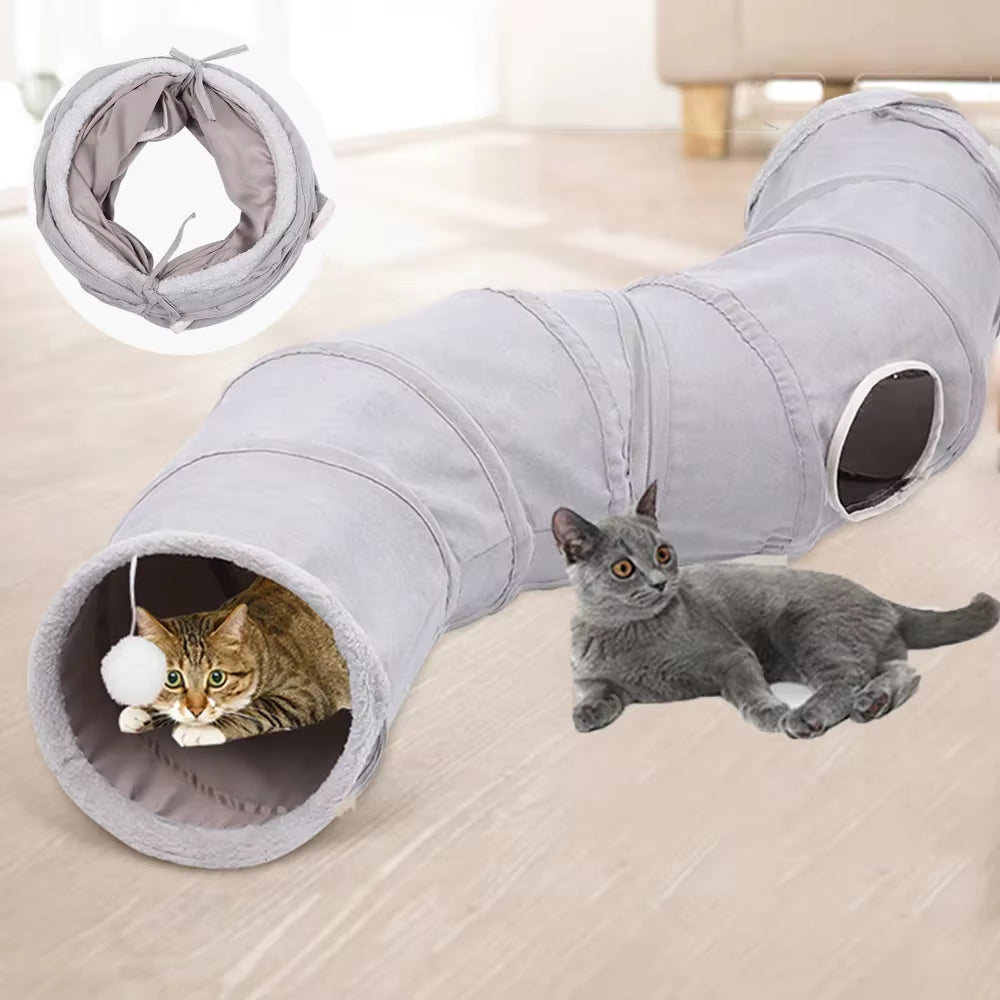 Collapsible 3-Way Cat Tunnel (Grey Suede, Crinkle + Ball)