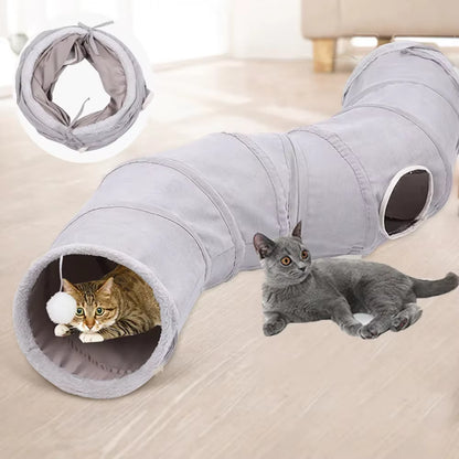 Collapsible 3-Way Cat Tunnel (Grey Suede, Crinkle + Ball)