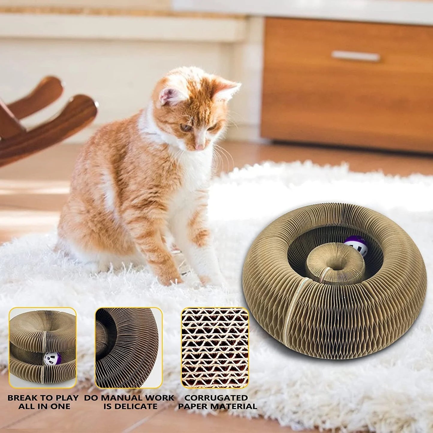 Magic Cat Scratch Organizer – Interactive Corrugated Cardboard Toy with Ball & Bell – Durable Claw Grinding Board & Climbing Frame for Kittens