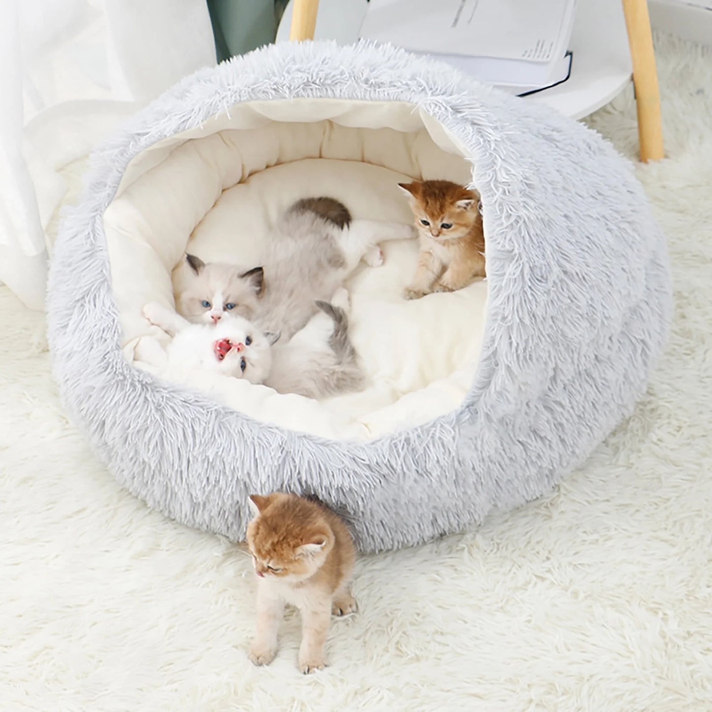 Cozy Cave Calming Pet Bed – Round Donut Hooded Dog & Cat Bed with Removable Cover, Machine Washable Plush Anti-Anxiety Bed for Small Pets (Up to 11 lbs)