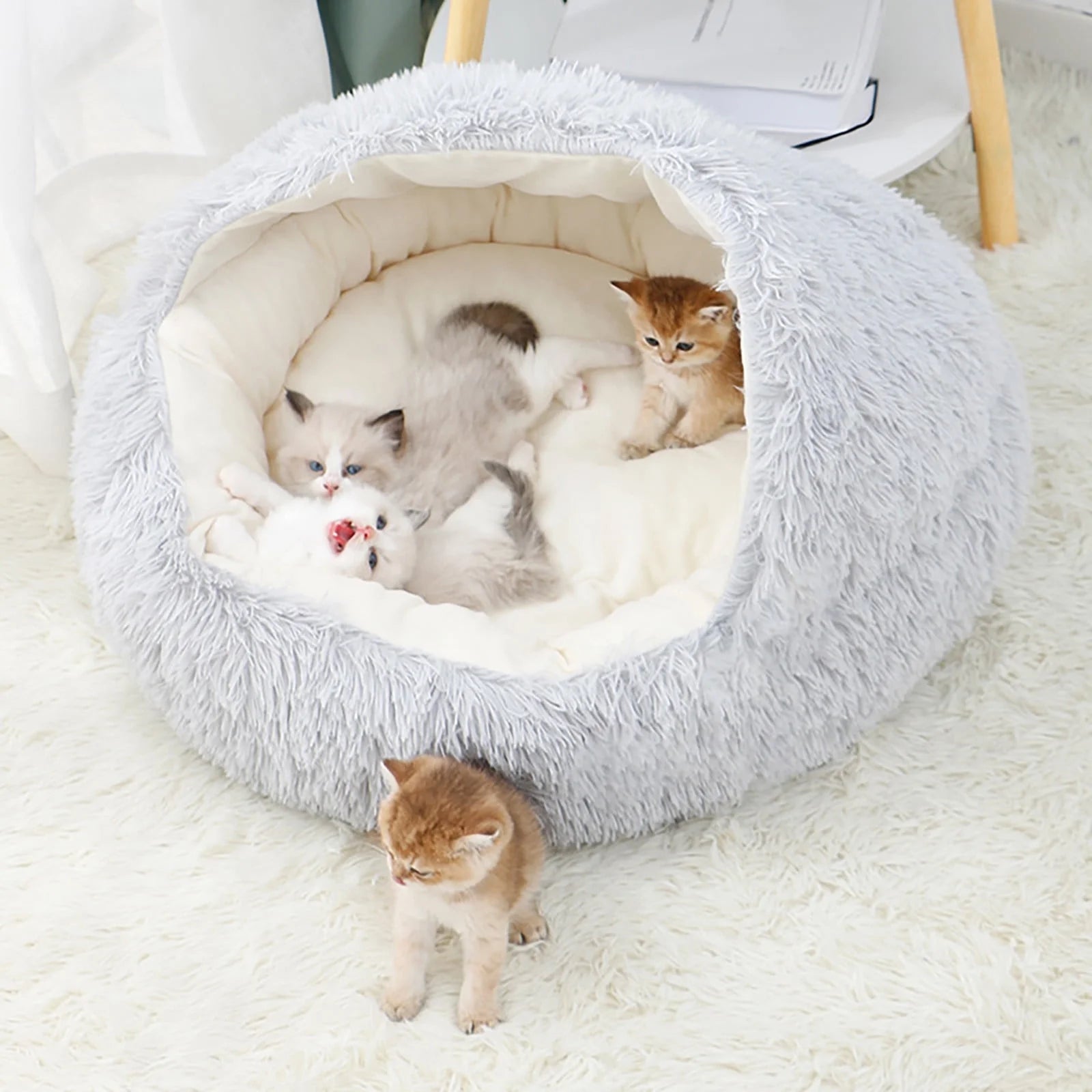 Cozy Cave Calming Pet Bed – Round Donut Hooded Dog & Cat Bed with Removable Cover, Machine Washable Plush Anti-Anxiety Bed for Small Pets (Up to 11 lbs)