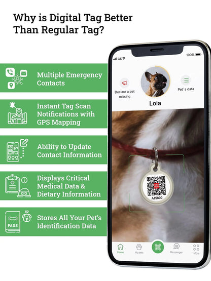 Smart QR Pet Tag with Mobile App – Digital ID, Lost Pet Alerts & Silent Design for Dogs & Cats 